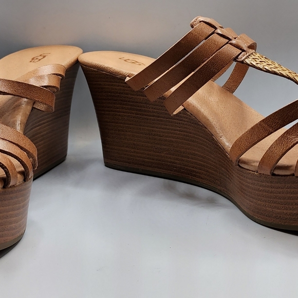 UGG W Mattie Sandals Leather Size 10 NIB New Tan Strappy 3" Wedge Heel Platform - Picture 6 of 12